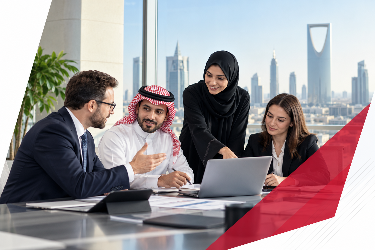 Business professionals discussing growth strategy in Saudi Arabia