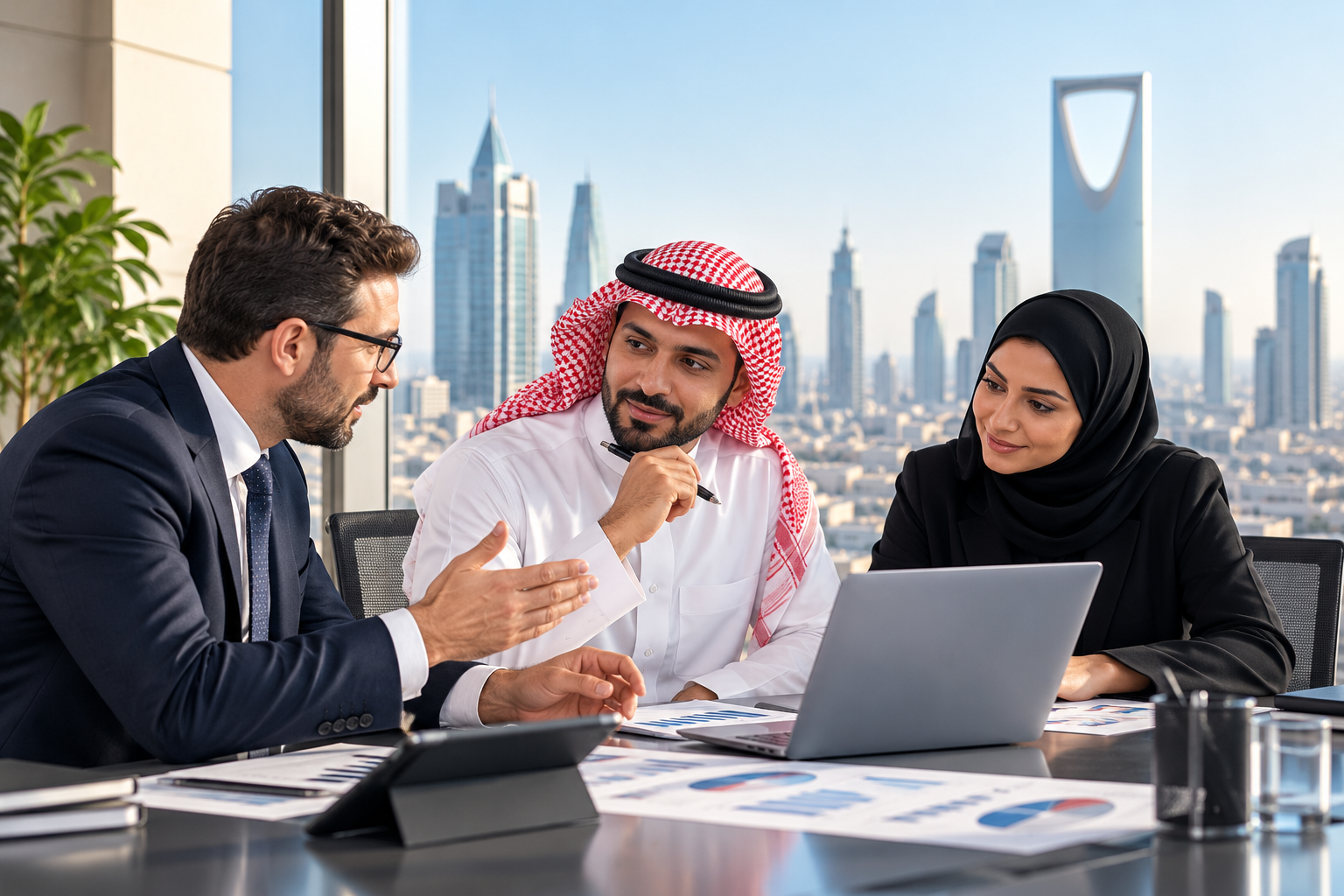 Business professionals discussing growth opportunities